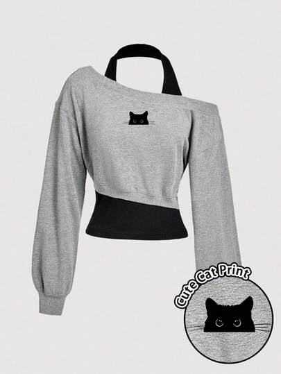 SHEIN MOD Cute Little Black Cat Print Women's Casual Retro Color Block Asymmetrical Shoulder Sweatshirt – Western Festival & Home Comfortable For Spring, Autumn/Winter Retro Vintage Y2K Sports Genz Outfits For School, Summer Biking & Yoga
