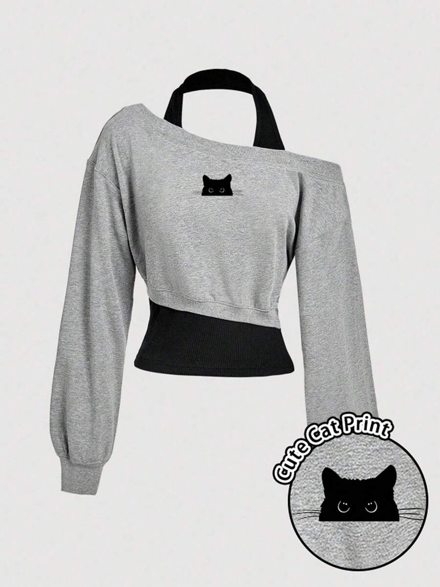 SHEIN MOD 可爱小黑猫印花女式休闲复古撞色不对称肩部卫衣 – 适合春、秋、冬穿着，兼具西部风情和居家舒适感，适合春、秋、冬穿着，复古Y2K风格，适合上学、夏季骑行和瑜伽等运动场合。 - 彩色 - 查看 1