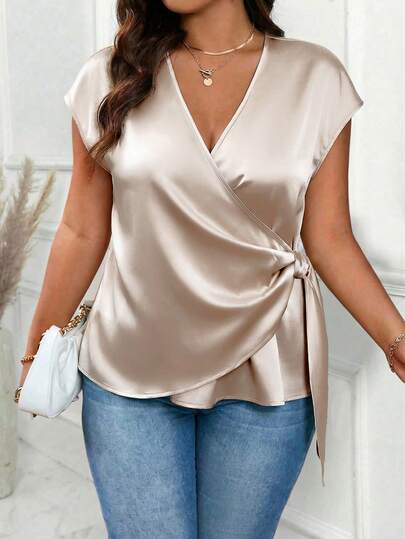 EMERY ROSE Plus Size Crinkle Texture Fabric Crossed Wrap Side Knot One-Piece Short Sleeve Casual Commuter Shirt