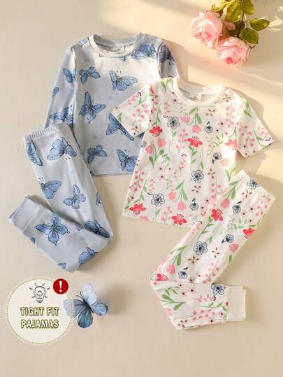 4件套女童白色和蓝色短袖、长袖、长裤针织花卉蝴蝶印花修身休闲舒适柔软家居服套装，适合所有季节