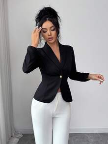 Elenzga Elegant Rose Gold Metal Button Waist Cinched Shawl Neck Black Long Sleeve Women Thin Blazer - Black - View 6