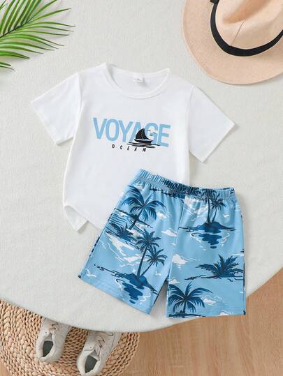 SHEIN 2pcs Boys Summer Outfit, Casual White T-Shirt With "VOYAGE OCEAN" Slogan Print, Relaxed Blue Shorts With Ocean Beach Holiday Theme, Comfortable Summer Beach Vacation Toddler Boys Short Sleeve And Shorts Set