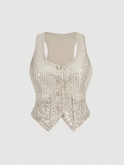 SHEIN MOD 大码银色优雅西装背心外套，时尚百搭，适合派对、通勤和约会，闪亮亮片点缀，春夏必备。