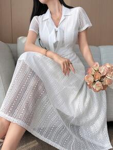 DAZY Lace Hollow Out Cinched Waist Elegant A-Line Dress For Women Dress Sundress - White - View 6