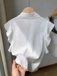 SHEIN Women's Elegant White Summer Ruffle Sleeve Shirt,Versatile Textured Fabric Button Front Blouse For Brunch,Vacation,Commute,Daily,Cropped Cotton Top - White - View 3