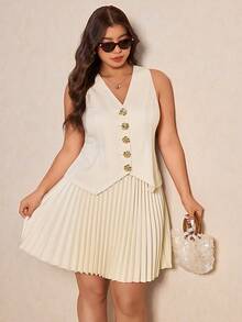 Elaquor Bộ đồ 2 mảnh cỡ lớn, màu trơn, cổ chữ V, không tay, cài cúc phía trước, kiểu dáng thanh lịch tối giản. - Màu be - Xem 8