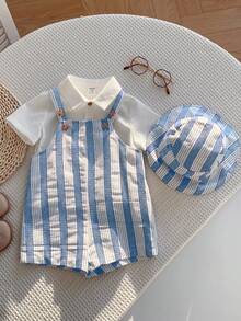 SHEIN Bộ đồ 2 món cho bé sơ sinh unisex: áo liền quần kẻ sọc màu xanh navy kèm quần yếm và mũ chống nắng, thích hợp cho kỳ nghỉ, hoạt động ngoài trời, mặc hàng ngày, quần áo mùa xuân/hè cho bé trai. - Nhiều màu - Xem 3