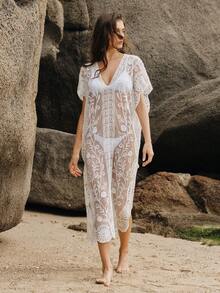 SHEIN Swim Chicsea Women's Sheer Mesh Beach Cover Up Swimsuit Dress, Summer - White - View 4