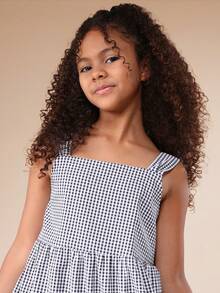 SUMWON Girls Gingham Check Tiered Sundress With Square Neckline And Ruffle Tiers For Summer Casual Wear Vacation - Black and White - View 5