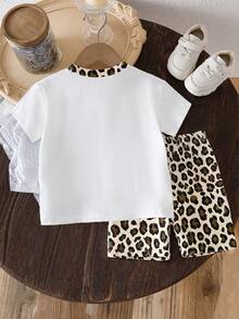 SHEIN Playful Pals 2pcs Baby Girls' Summer Set, White T-Shirt With Leopard Print Bow, Matching Neckline Print, Paired With Loose Leopard Print Shorts, Sweet & Cool Clash, Playful & Vibrant Style - Multicolor - View 2