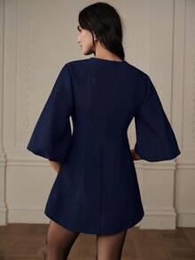 Aveloria Rosie Fashionable Design Sense High-End Elegant Versatile Lantern Sleeve Herringbone Knit Dress - Blue - View 6