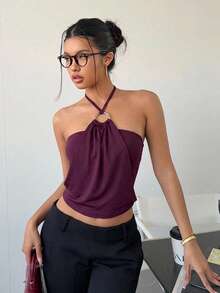 Aloruh Áo nữ không tay cổ tròn màu trơn, thích hợp cho ngày Valentine, đi học trở lại, dự tiệc, phong cách thanh lịch, mùa hè, đi biển, kiểu Y2K những năm 2000, áo gợi cảm cho các cô gái nóng bỏng - Màu tím - Xem 2