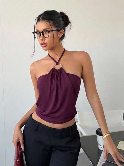 Aloruh 女士纯色圆领无袖上衣 情人节上衣 返校季女装 返校节上衣 校园时尚上衣 夏季沙滩装 Y2K 2000年代风格 性感上衣 辣妹必备