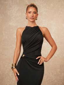 Lumalex Elegant Black Sleeveless Ruched Maxi Dress For Women Fitted Round Neck Knitted Fabric Asymmetrical Hem Classy Black Dress - Black - View 1