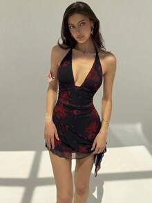 Aloruh 女士撞色印花简约休闲性感露背迷你连衣裙 - 黑色 - 查看 7
