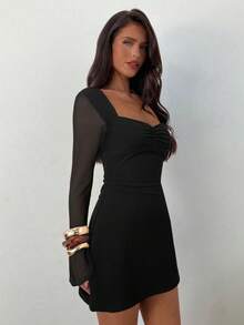 Aloruh Women's Elegant Square Neck Ruched Flare Sleeve Fitted A-Line Mini Dress - Black - View 4