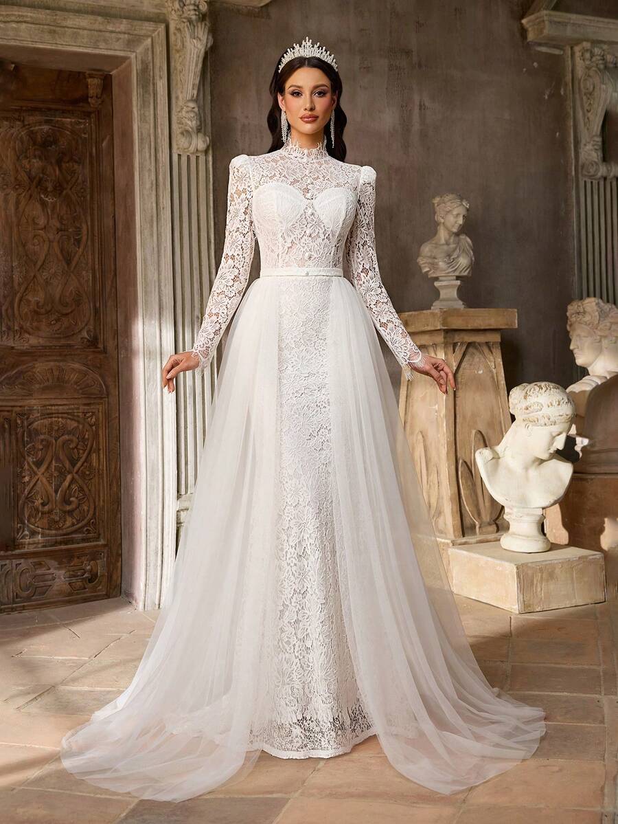 Aureia 极简白色法式刺绣蕾丝网纱拼接，立领长袖，塑身胸衣，A字裙摆，女士婚纱，正式礼服，晚礼服 - 白色 - 查看 1