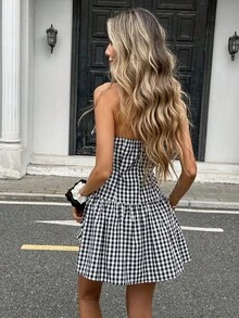 Pariaura 女士优雅格子拼接荷叶边迷你连衣裙 - 黑色 - 查看 2