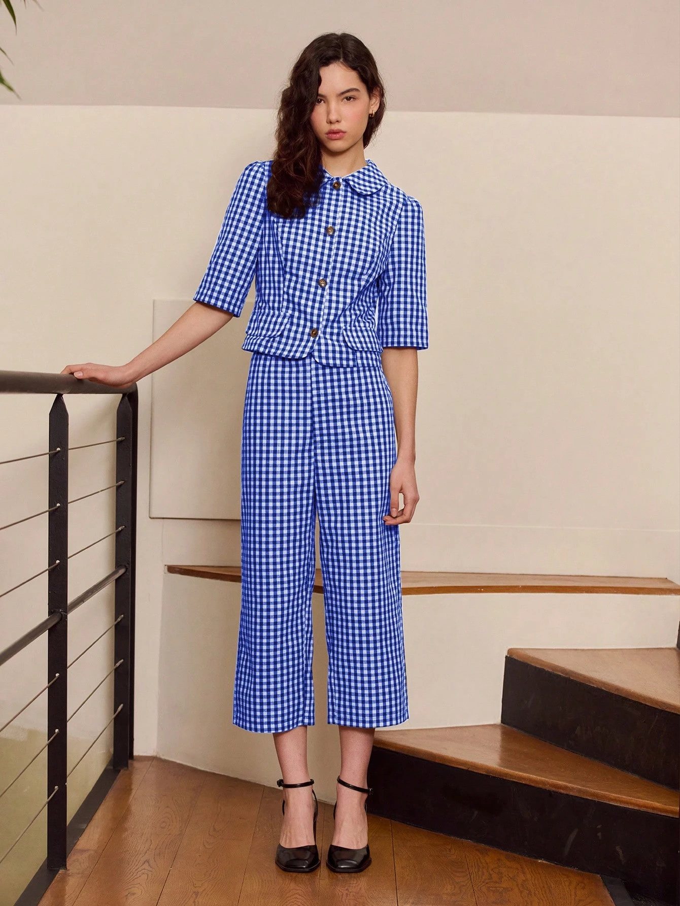 Pantalon ample à jambes larges à carreaux verts, style vintage mignon