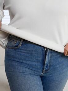 SHEIN CURVE+ Plus Size White Knitted Long Sleeve High Neck Casual T Shirt With Rib-Knit Details - White - View 6