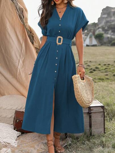 EMERY ROSE Women's V-Neck Button Detail Slit Dress Maxi Women Outfit