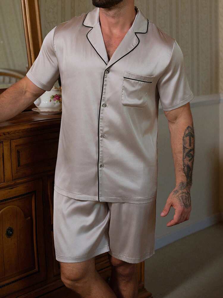 Men's Satin Fabric Shirt And Shorts Pajama Set, Summer