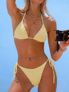 Swim Mod Women's Casual Textured Halter Neck Bikini Set, Suitable For Summer Vacation - Light Yellow - View 1