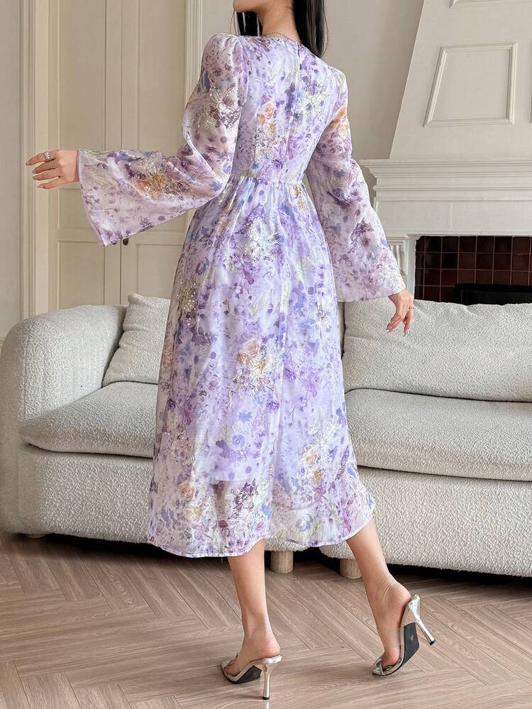 French Style Floral Print Long Sleeve Dress, Slimming Design, Women's Long Dress, Spring Maxi Dress Sundress Boho