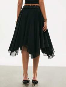 Poéselle Women's Elegant Contrast Lace Asymmetric Hem Skirt, Suitable For Dates And Commuting  Elegant Skirt  Valentine's Day Outfit  Daily & Date Night Essential   From Spring To Summer   Valentine's Day Outfit - Black - View 3