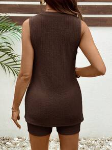 SHEIN Bộ đồ bầu 2 món gồm áo tank top cổ tròn màu trơn và quần short, kiểu dáng thường ngày. - Cà phê nâu - Xem 2