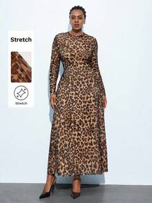 Maija Plus Size Women's Elegant Brown Leopard Print Maxi Dress, Autumn High Waist A-Line Fitted Gown,Night Out Club Party Holiday Vacation Outfit - Multicolor - View 6