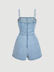 SHEIN MOD Women's Denim Bib Pants And Jumpsuit Suspender Matching Piece Romper, Blue - Light Wash - View 2