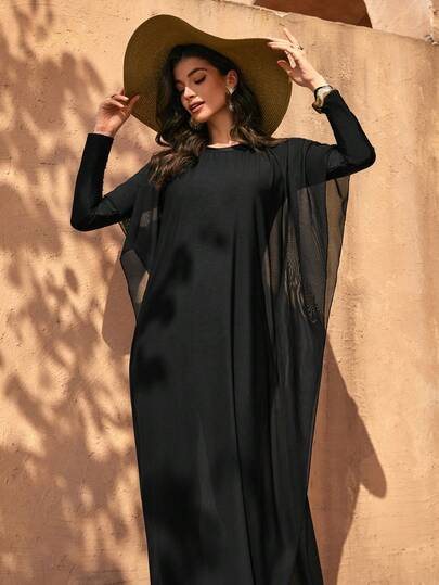 Swim Mulvari Summer New Black Solid Color Beachwear Cover Up Top + Detachable Waist Belt, Casual Vacation