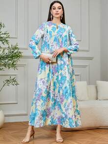 Yasmyna Women's Floral Print Long Sleeve Dress, Minimalist & Versatile - Teal Blue - View 4