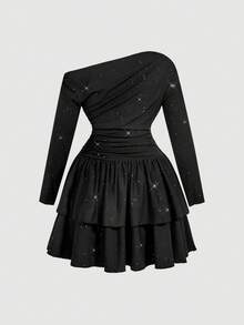 SHEIN MOD Plus Size Glitter Asymmetrical One Shoulder Cake Mini Dress,Long Sleeve Bodycon Black Autumn Girlism Night Out Club Starry Print Fitted Layered Dress - Black - View 9