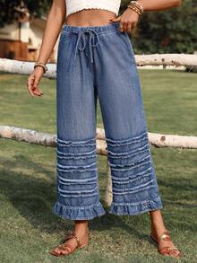 Breezaya 女士弹力腰抽绳直筒宽松休闲牛仔裤 - 寶藍色 - 查看 2