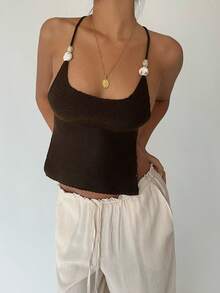 Aloruh 女士夏季手工钩编露背波西米亚风沙滩度假上衣 - 棕色 - 查看 4