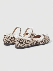ROMWE Kawaii Women's Fashionable & Sweet Lace Trim Bow Decor Flats For Christmas - yellow leopard print - View 4