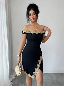 SHEIN Elenzya Elegant Romantic Off-Shoulder Ruffle Asymmetric Hem Bodycon Dress For Women - Black - View 4