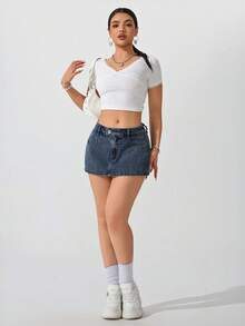 SHEIN ICON Rok Denim Pendek Kasual Warna Polos Wanita dengan Lubang Sabuk, Modis untuk Musim Panas - Biru - View 8