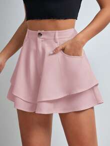 SHEIN Essnce 纯色斜插口袋叠层休闲百搭短裤 - 淺粉色 - 查看 3