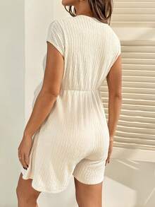 SHEIN White Summer Casual Everyday Maternity Nursing Jumpsuits,Apricot Textured Stretchy Fabric Breastfeeding Friendly Belted Romper Shorts For Women - Apricot - View 2