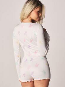 Missguided x Playboy Butterfly Print Short Sleeve Buttoned Romper With Ribbed Texture Pastel Summer Loungewear One Piece - Multicolor - View 2