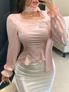 DAZY Spring/Summer Polka Dot Print Chiffon Blouse With Tie Neck, Bow Tie, Pink, Elegant For Casual, Wedding, Commute, Flounce Hem, Long Sleeve, Women - Pink - View 1