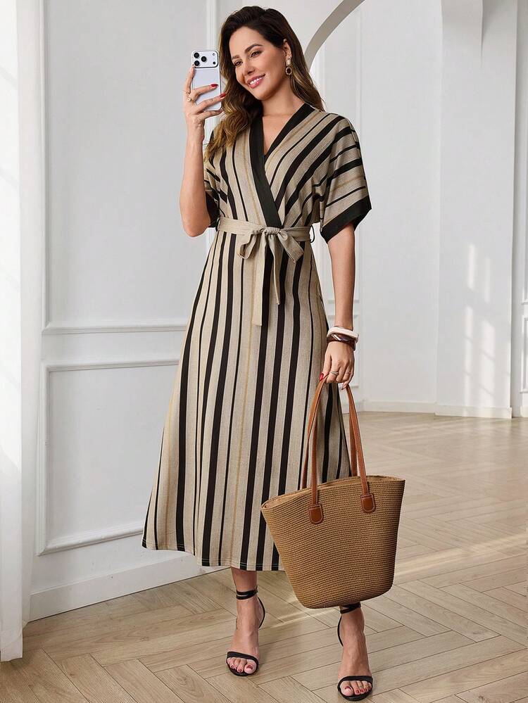 Elegant Khaki Black Stripe Midi Dress For Women Summer Spring Casual Vacation Dress With V-Neck Belted Waist And Batwing Sleeve, Perfect For Beach Vacation Wedding Guest Party Going Out And Easter Occasions