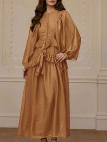 Revavyn Women's Autumn/Winter Lantern Sleeve Solid Coffee Color Shiny Chiffon Loose Round Neck Versatile Button Layered Ruffle Hem Long Sleeve Dress - Mocha Brown - View 3