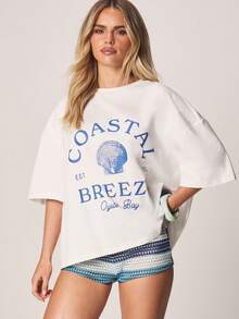 MISSGUIDED Coastal Breeze Oyster Bay Graphic T-Shirt With Short Sleeves And Crew Neck - White - View 4