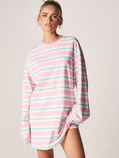 MISSGUIDED فستان قميص قصير بأكمام طويلة مخطط أفقي بياقة طاقم، قطني مريح وواسع للارتداء اليومي والراحة المنزلية