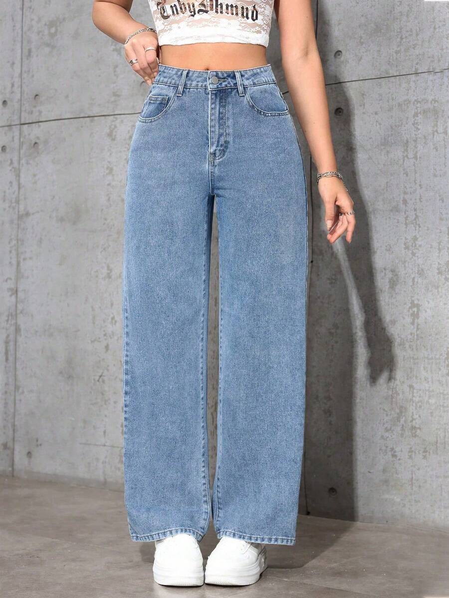 SHEIN PETITE 淺藍色休閒街頭風直筒寬鬆百搭牛仔褲,適合夏季日常場合,小個女款 - 淺色水洗藍 - 查看 1