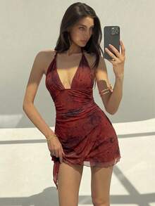 Aloruh 女士极简印花透视露背迷你连衣裙 - 酒紅色 - 查看 4